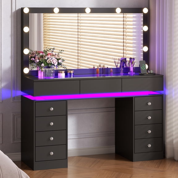 47" Black Vanity Desk with Lighted Mirror, Glass Top Makeup Table with Charging Station, 11 Drawers Divided Storage Dressing Table, 3 Color Lighting Modes