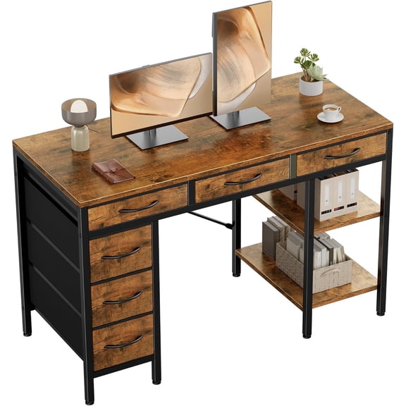 47" Brown Home Office Computer Desk with 6 Fabric Drawers & Adjustable Storage Shelf, Versatile Desk for Study, Gaming & Makeup Vanity