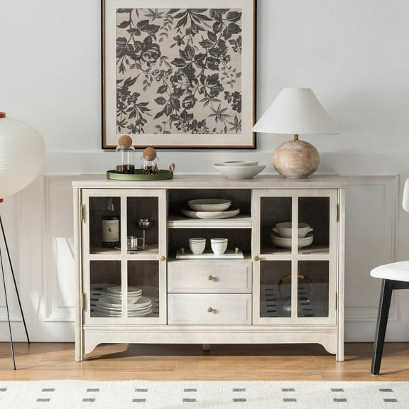 ANHDAH 47" Farmhouse Buffet Cabinet - Solid Wood Sideboard with 2 Doors & 2 Drawers, Storage Display for Dining Room, Kitchen, Living Room