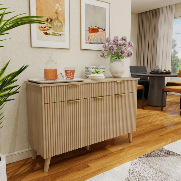 47" Buffet Cabinet with 3 Doors and 2 Drawer, Sideboard with Waveform Panel for Dining Room Buffet, Entryway Console, and Living Room, Brown