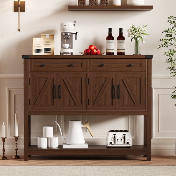 47" Buffet Sideboard Cabinet, Modern Farmhouse Sideboard Buffet Cabinet, Large Modern Farmhouse Wood Coffee Bar Cupboard Cabinet with 2 Drawers & 4 Barn Doors for Kitchen, Dining Room, Living Room