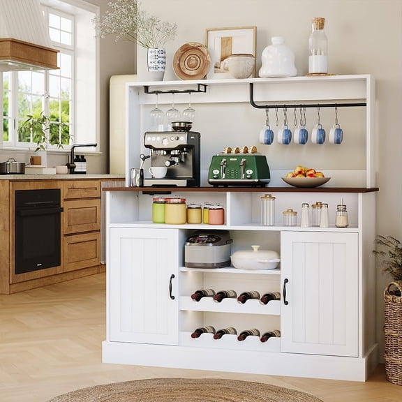 47 in Buffet Sideboard with Power Outlets Farmhouse Coffee Bar Cabinet with Storage, Large Buffet Storage Cabinet Table with Wine Racks, Goblet Holder, Hooks for Kitchen, Dining Room, Entryway, White