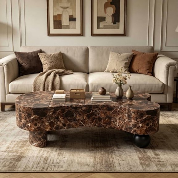 47" Center Table, Tea Table, Coffee Tables with Lift Top Storage, Fluted Texture & Faux Marble Top for Apartment Studio and Living Spaces, Natural Walnut