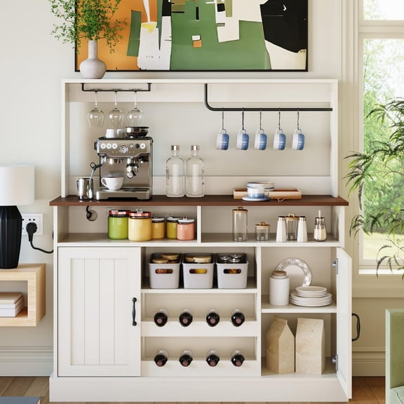 47 in Coffee Bar Cabinet with Power Outlets Farmhouse Buffet Bar Cabinets with 3-Tier Storage & Goblet Holder Coffee Station Hutch Cabinet with 8 Wine Racks for Kitchen, Dining Room, White