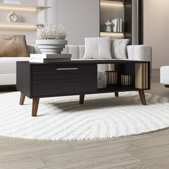 47" Coffee Table For Living Space, Pull-down Cabinet And Open Shelf, Black Natural Oak, Convenient Assembly Process Wide Room Table, & Adds Extra Storage Simple Required