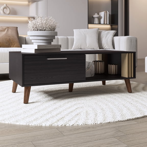 47" Coffee Table By , Pull-down Cabinet And Open Shelf, Living Room, Black Natural Oak, Extra Storage, Simple To Assemble Table, With & Quick Assembly Required