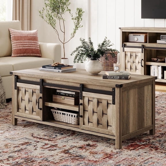 47 Inch Farmhouse Storage Coffee Table with Sliding Barn Doors and Adjustable Shelves
