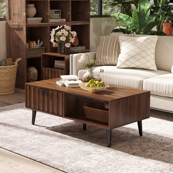 47"Coffee Table with Storage Mid Century Modern Solid Wood Coffee Table with 2 Drawers Rectangle Center Table for Living Room Walnut