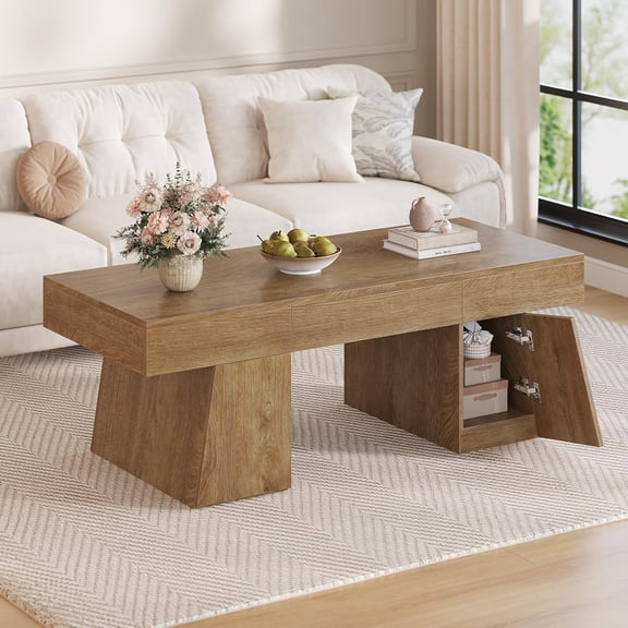 47" Coffee Table with Storage, Modern Center Table with Hidden Drawer and Cabinet, Rectangle Coffee Tables for Living Room, Oak