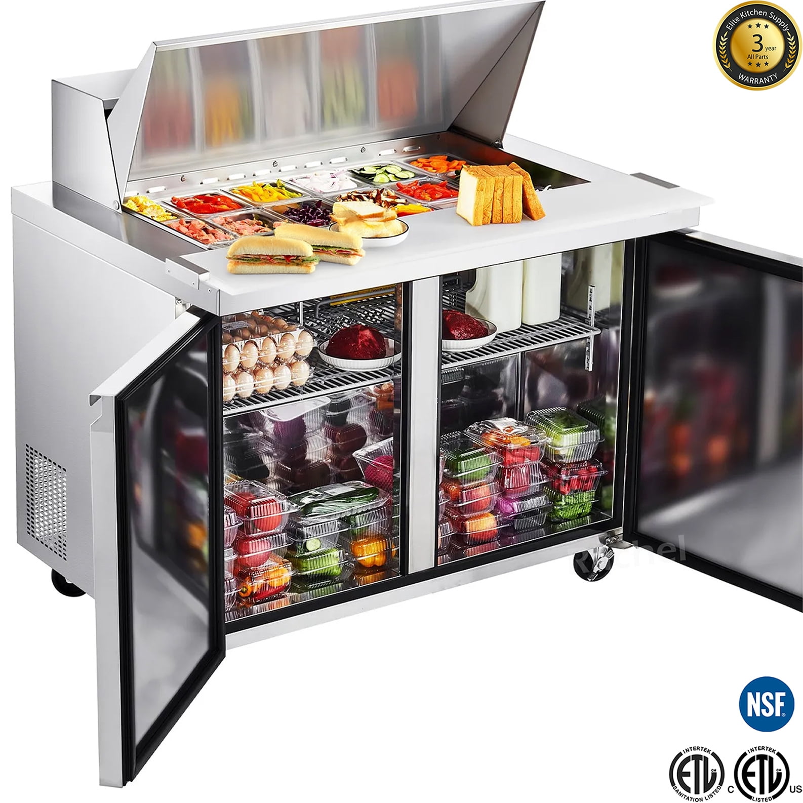 47" Commercial Sandwich & Salad Prep Refrigerator with 2 Doors, Refrigerated Ingredient Rail, 115V