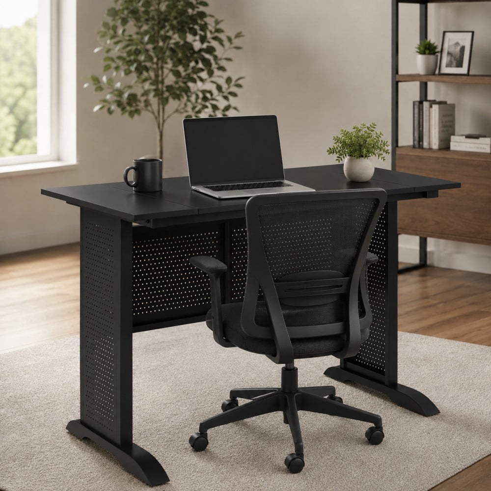 47" Computer Desk, 47.2 x 23.6" Office Desk, Modern Writing & Gaming Desk for Home Office and Study, Black Desktop with Black Metal Frame