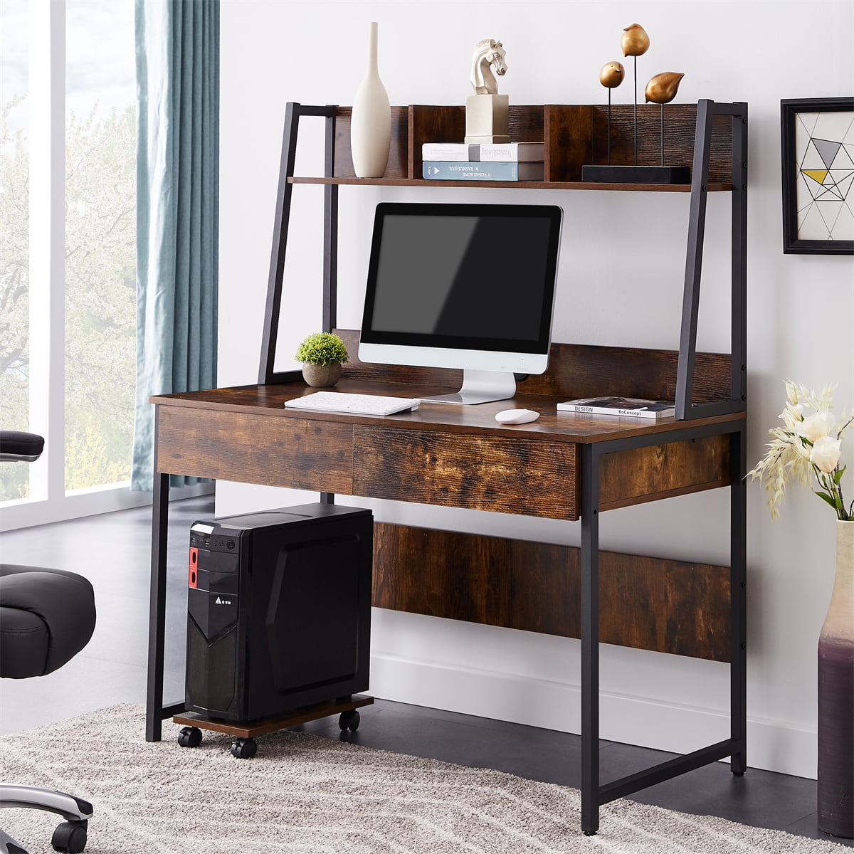 47 Modern Compact Small Space Computer Office Desk with Bookshelf