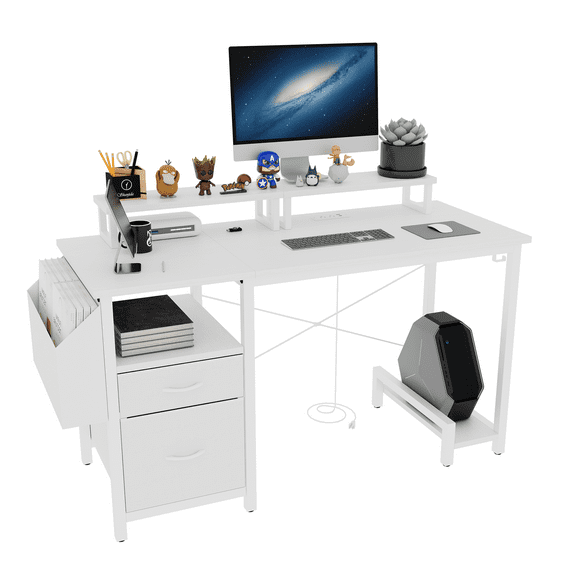 47" Computer Desk w/Power Outlet & Monitor Stands - Reversible Writing Desk w/Fabric Drawers, Side Pocket & CPU Stand