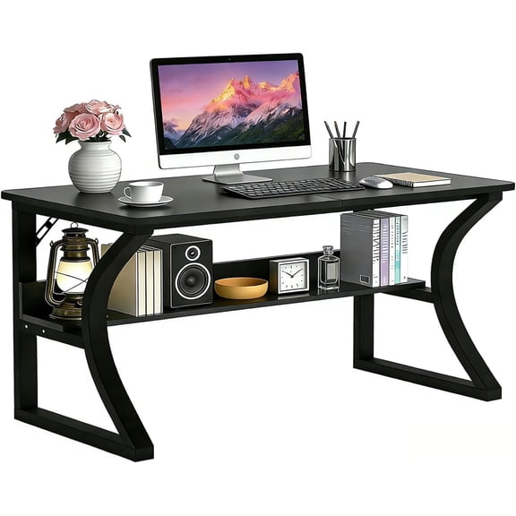 47'' Computer Desk w/Storage & Cable Management, Home Office Desk w/Sturdy U-Shaped Metal Frame & Water-Resistant Scratchproof Surface, Study Writing Desk for Office & Bedroom, Black