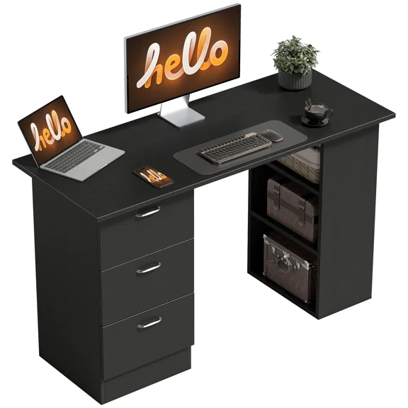 47" Computer Desk with 3 Drawers and Storage Shelves, Home Office Writing Desk Workstation, Black