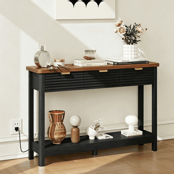 Pusnapku 47" Console Table, Fluted Wood Foyer Table with Charging Station, Narrow Couch Desk with Storage Shelf and 3 Drawers for Living Room, Hallway