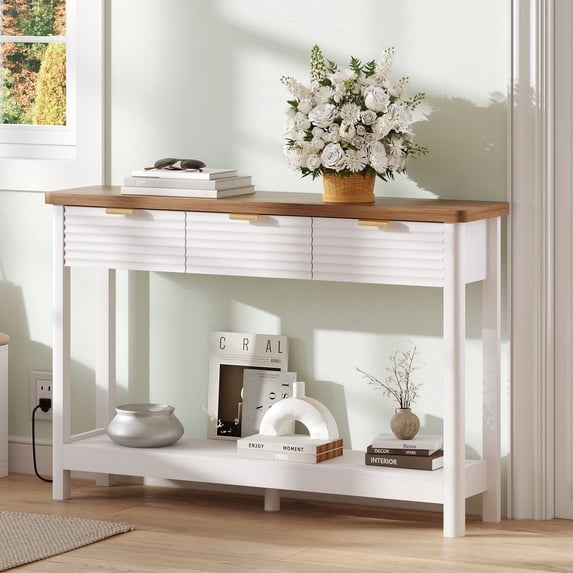 Pusnapku 47" Console Table, Fluted Wood Foyer Table with Charging Station, Narrow Couch Desk with Storage Shelf and 3 Drawers for Living Room, Hallway