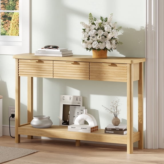 Pusnapku 47" Console Table, Fluted Wood Foyer Table with Charging Station, Narrow Couch Desk with Storage Shelf and 3 Drawers for Living Room, Hallway