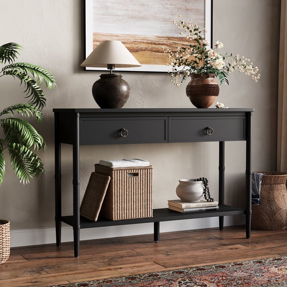 47" Console Table with 2 Drawers and Storage Shelf, Modern Farmhouse Entryway Table for Hallway, Black Finish