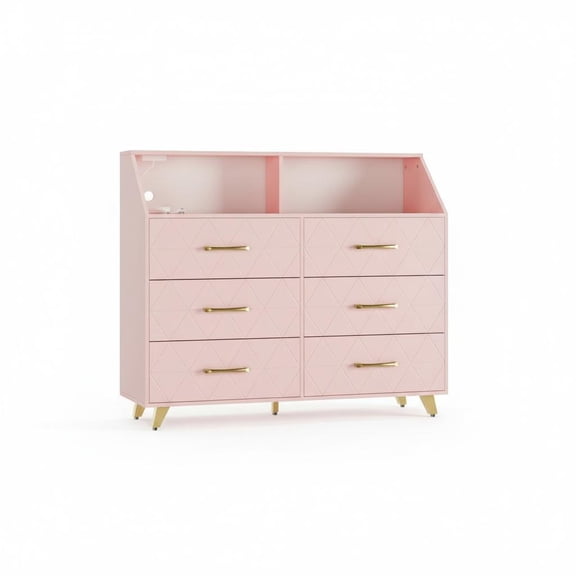 47" Contemporary Pink Dresser with LED Lighting & Power Hub – 6-Drawer Storage Console with USB/AC Ports – Multi-Use Cabinet or TV Stand for Bedroom & Entryway