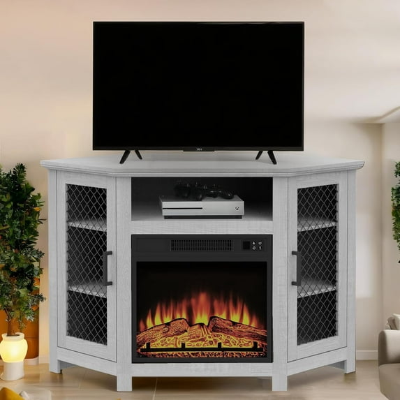 47" Corner Fireplace TV Stand for TVs Up to 55", Farmhouse Entertainment Center with Remote Control 18" Electric Fireplace, Media TV Console with Storage & Open Shelves for Living Room, Bedroom, Grey