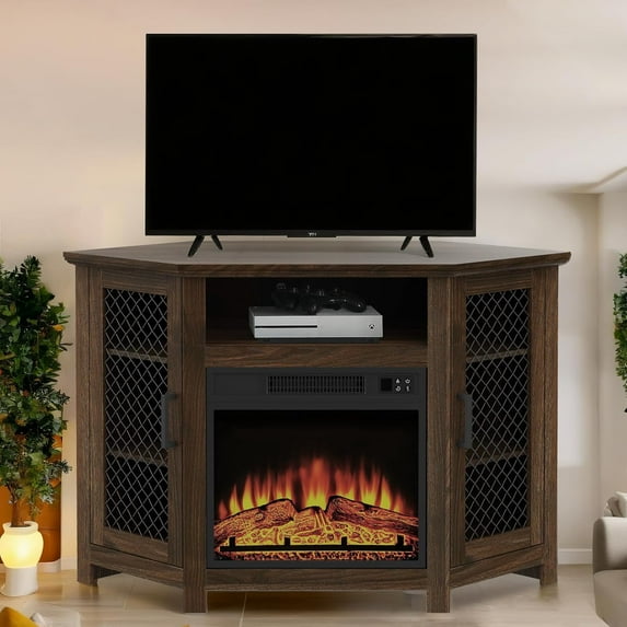 47" Corner Fireplace TV Stand for TVs Up to 55", Farmhouse Fireplace TV Stand with Remote 18" Electric Fireplace, Entertainment Center with Storage & Open Shelves for Living Room, Bedroom, Brown