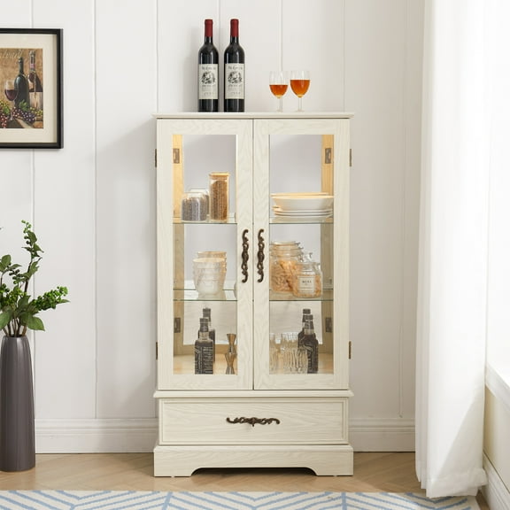 47" Curio Glass Display Cabinet with Light Bulb, Curio Storage Cabinet with Mirrored Back Panel, Adjustable Shelves and Tempered Glass Doors for Living Room, White