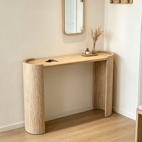 47" Curved Narrow Console Table with Wood Texture, Modern Minimalist Entryway Sofa Table with U-Shaped Legs, Natural Wood MDF Accent Table for Hallway Foyer Living Room