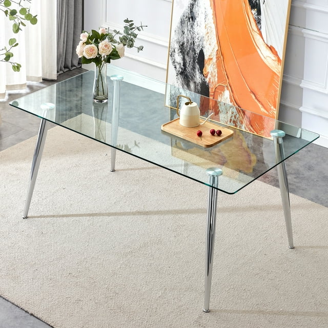 47" Dining Table for 4-6, Rectangular Glass Dining Table, Writing Table Desk, Kitchen Table with Transparent Tempered Glass Tabletop and Silver Metal Legs for Kitchens, Restaurants and Living Rooms, B