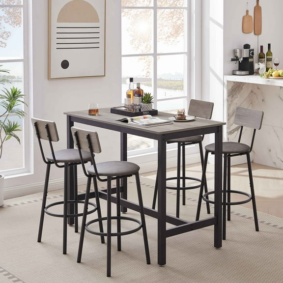 47" Dining Table Set with Backrest for 4, Rustic 5-Piece Dining Table Set with PU Soft Cushion, Wood&Steel Console Kitchen Table Set with 4 Stools for Small Places