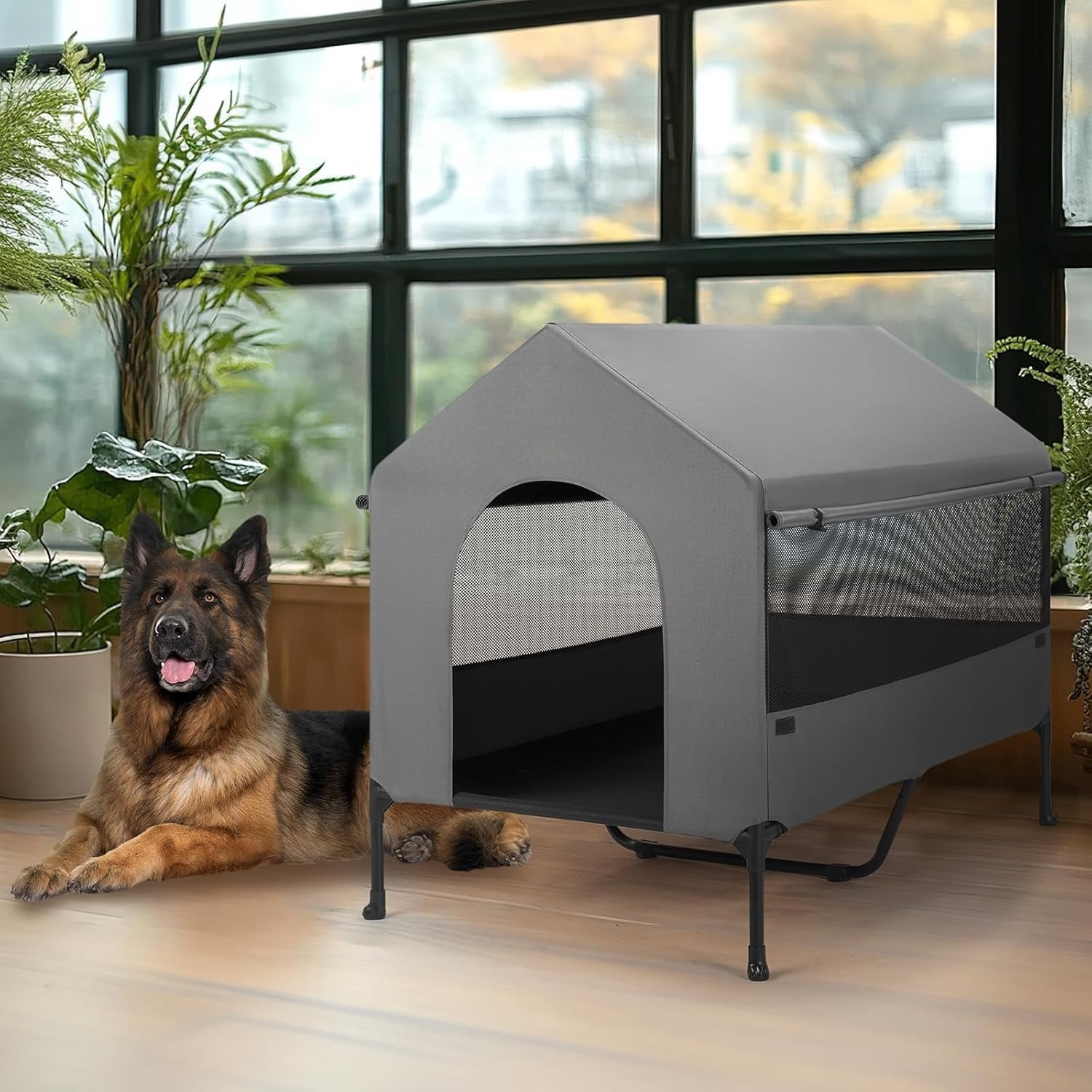 47" Dog House, 2-in-1 X-Large Dog House Outdoor Indoor Weatherproof, Outside Elevated Dog Cot Bed Dog Tent Shade, Three-Sided Breathable Mesh Windows and Sunshades