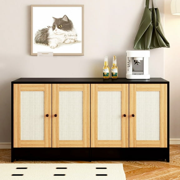 47" Double Cat Litter Box Enclosure Furniture, Extra Large Hidden Litter Box Enclosure for 2 Cats with Rattan & Sisal Scratching Doors, Slide-Out Tray on Wheels, P2 Particle Board Washroom Cabinet