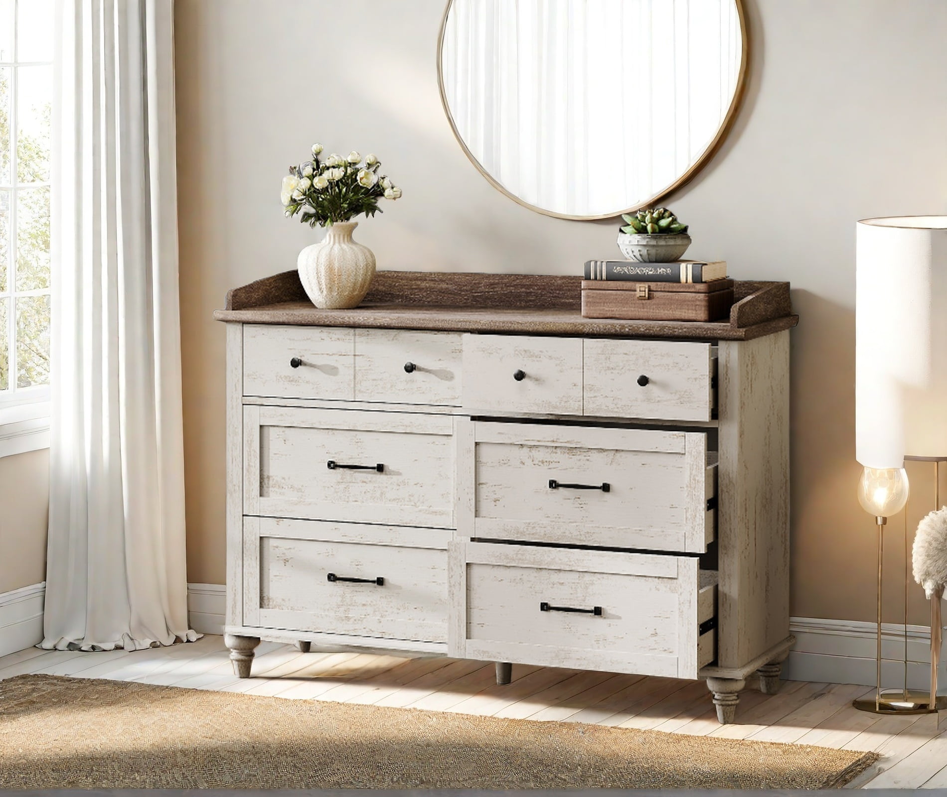 47" Double Dresser with 6 Drawers, Wood Chest of Drawers for Bedroom, Storage Organizer Dresser for Kids, Antique White