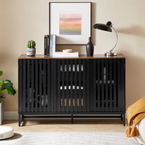 47" Dresser Sideboard Cabinet with 3 Drawer and 4 Shelves Slatted Grille Striped Drawer and doors, High-Quality MDF and Metal Leg