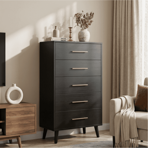 47'' Dresser for Bedroom, Wood Storage Chest with Metal Handles, 5 Drawers Dresser for Bedroom, Living Room, Entryway, Black