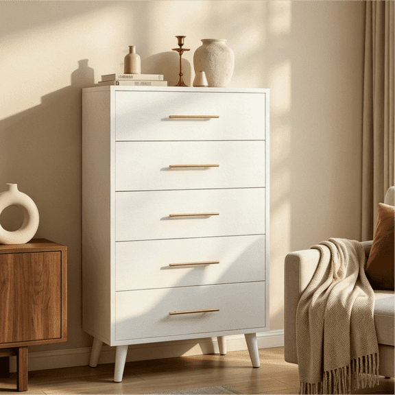 47'' Dresser for Bedroom, Wood Storage Chest with Metal Handles, 5 Drawers Dresser for Bedroom, Living Room, Entryway, White