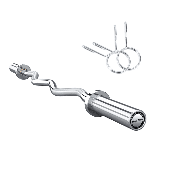 47" EZ Curl Barbell - Chrome Curling Bar with 2 Spring Collars for 2 Inch Weight Plates, Home Gym Strength Training for Squat, Hip Thrusts, Biceps