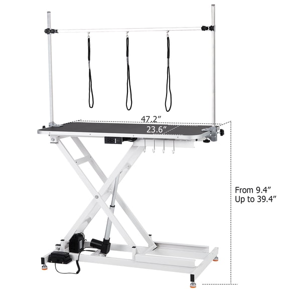47" Electric Dog Grooming Table (White), Heavy Duty Electric Grooming Arm Table for Pets & Large Dogs Adjustable Height: 9.4"-39.4" Non-slip Desktop with Gantry Crane Set, Fixture *4 Noose*2