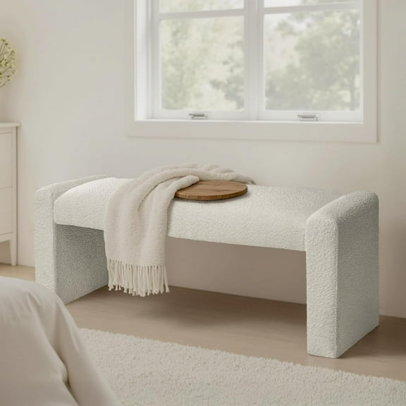 47" End of Bed Bench, Modern Fabric Upholstered Entryway Bench, Footrest Stool Accent Bench with Solid Wood Frame for Bedroom Living Room, White