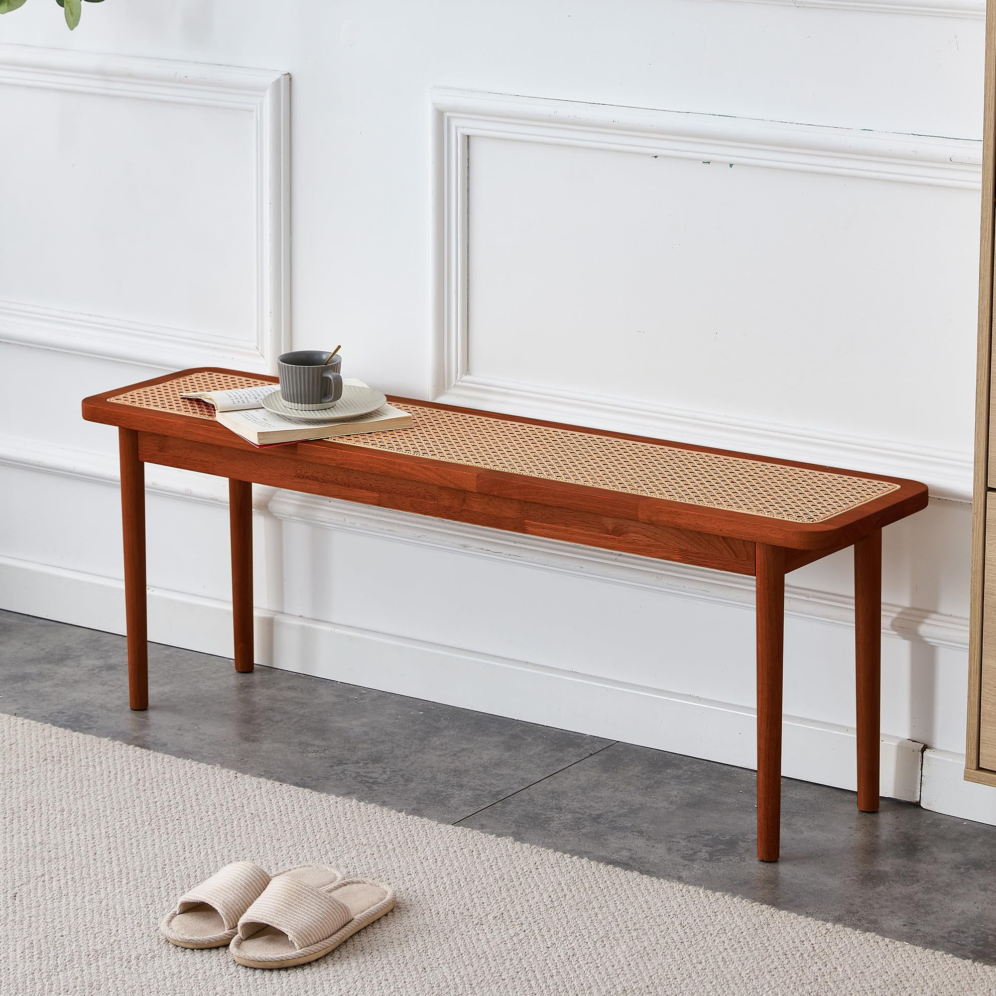 47'' Entryway Wood Bench with Rattan Surface Design