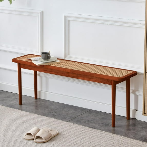 47'' Entryway Bench, Wood Dining Bench Rattan Surface Design End of Bed Bench, Modern Bedroom Bench with Rounded Corner for Living Room Hallway