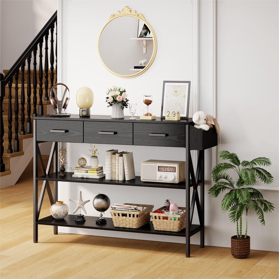 47" Entryway Table, Lofka Console Table Sofa Table with 3 Drawers, 3 Tier Storage Shelves, Fabric Bag, Black