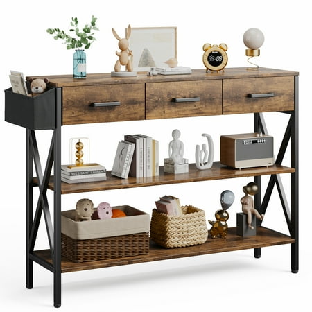 47" Entryway Table, Lofka Console Table Sofa Table with 3 Drawers, 3 Tier Storage Shelves, Fabric Bag, Rustic Brown