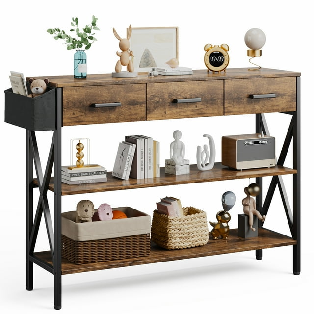 47" Entryway Table, Lofka Console Table Sofa Table with 3 Drawers, 3 Tier Storage Shelves, Fabric Bag, Rustic Brown