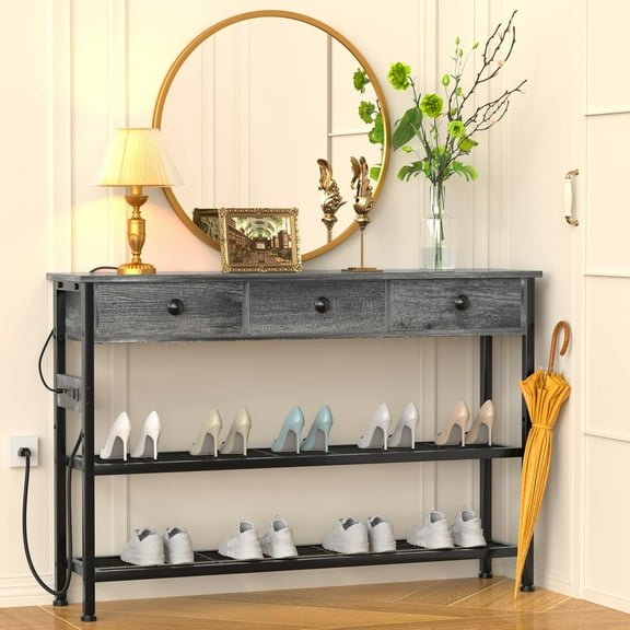 47" Entryway Table with Outlets: Console Table with Storage Shelves, USB Ports, LED Light Strip, and 3 Wood Drawers for Sofa, Living Room, Hallway, Foyer, Couch, TV and Aquarium Stand