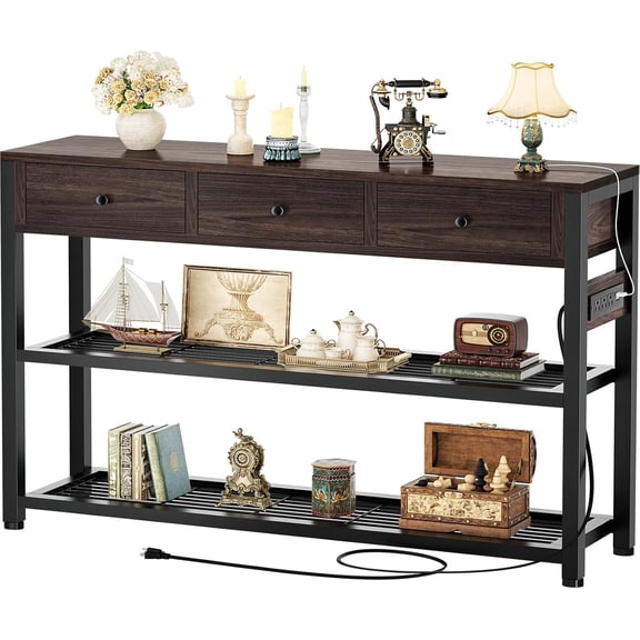 47'' Entryway Table with Outlets and USB Ports, Console Table with 3 Drawers, Sofa Table Narrow Long with Storage Shelves for Living Room, Couch, Hallway, Foyer, Black Walnut Finish