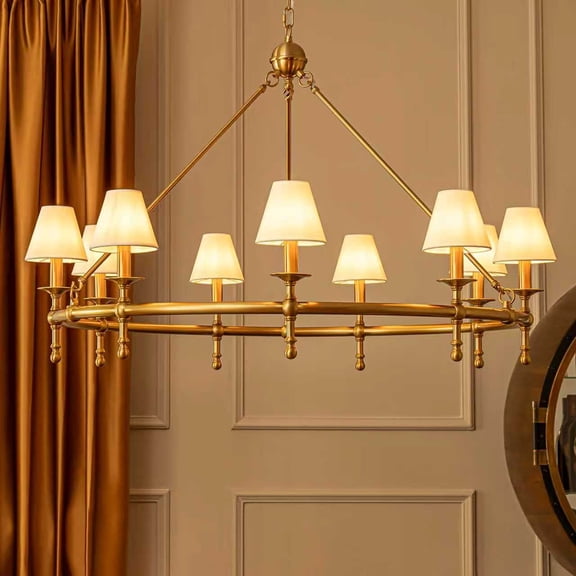47 Extra Large 9-Light Vintage Brass Chandelier with White Fabric Shades  Classic Pendant Ceiling Light for High Ceilings, Dining Room, Foyer, Entryway