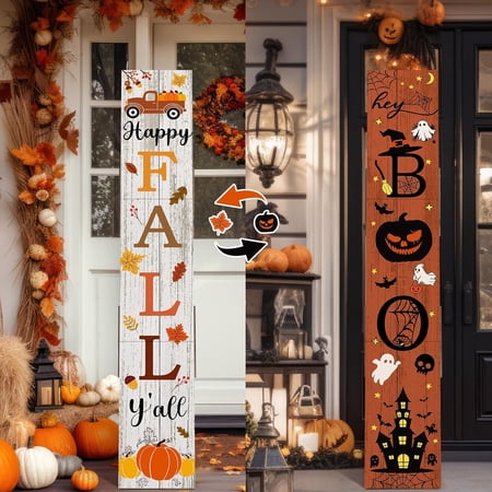 47" Fall Porch Sign Double Side Halloween Boo Porch Outdoor Decor | Halloween Wooden Porch Decor, Large Happy Fall Y'all Outdoor Welcome Sign, Farmhouse Front Door Home Wall Hanging