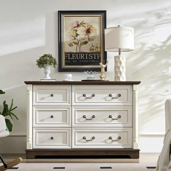 47" Farmhouse 6 Drawer Dresser Sideboard Cabinet Chest ,Wooden Rustic Chest of Drawers Organizer for Bedroom, Living Room