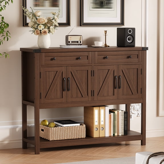 47'' Farmhouse Buffet Sideboard Cabinet with 4 Barn Doors & Open Shelf, Slim Wood Sofa Table for Kitchen, Dining Room, Entryway & Foyer, Rustic Storage Console Cabinet, Brown